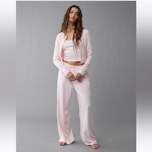 American Eagle Pink Pointelle Plush 3 Piece PJ Pajama Set Tank Cardi Pants
